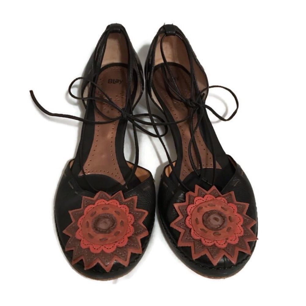 Blay Floral Black Leather Lace Up Shoes - Size 39